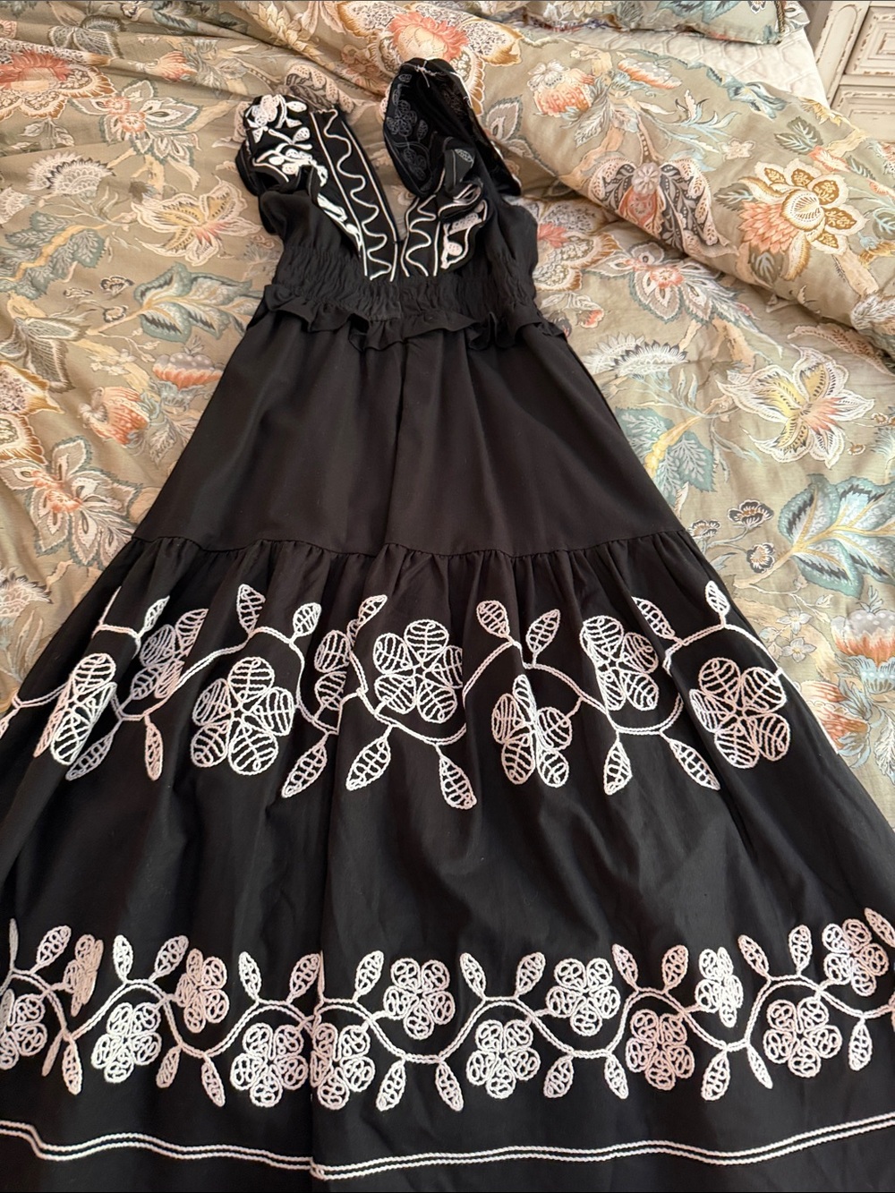 Black Maxi Dress with White Floral Embroidery